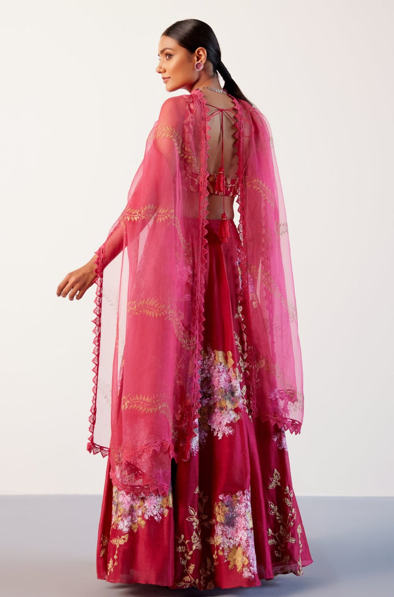 Fuchsia Pink Silk Chanderi Hand-Painted Lehenga Set