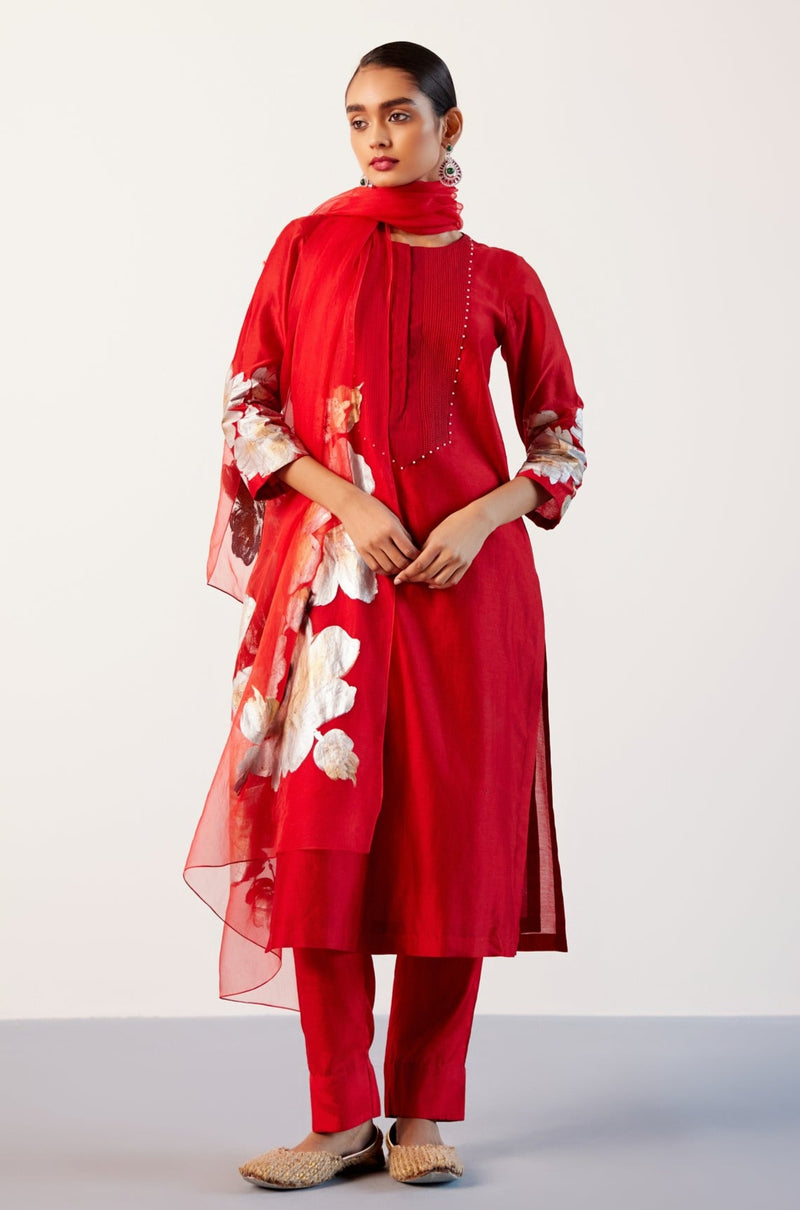 Red Silk Chanderi Hand-Painted Kurta Set