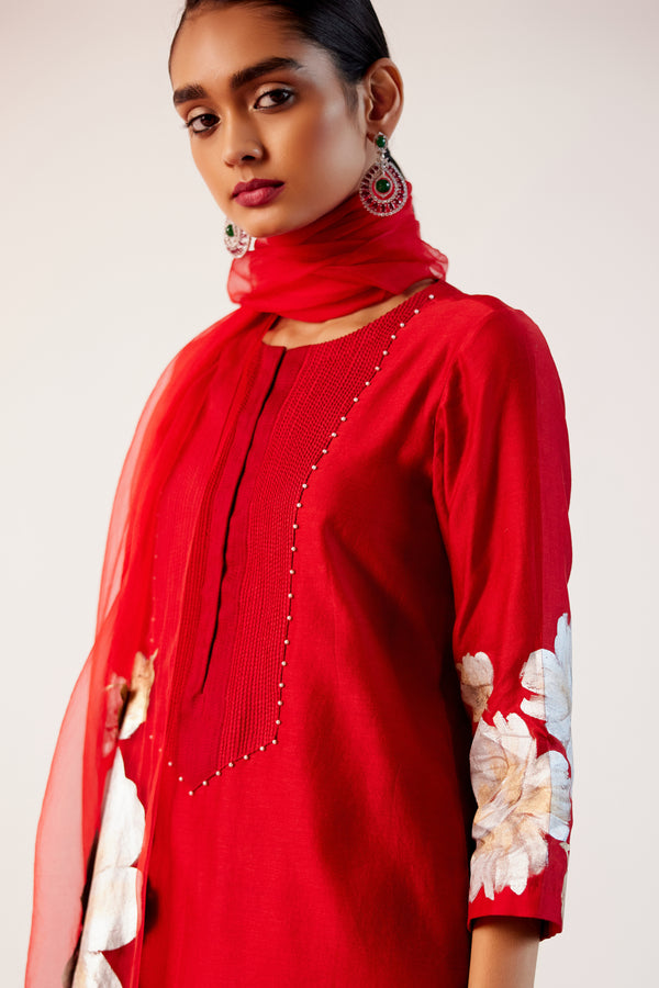 Red Silk Chanderi Hand-Painted Kurta Set