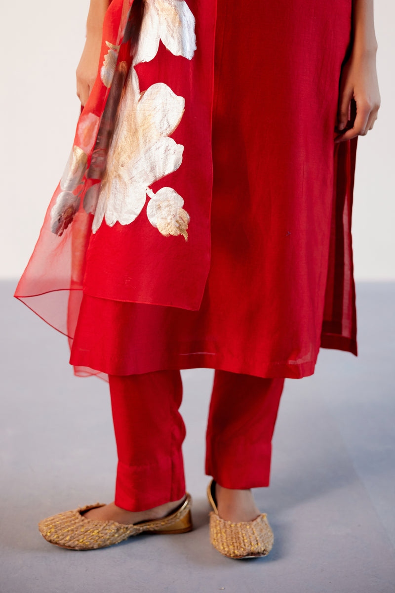 Red Silk Chanderi Hand-Painted Kurta Set