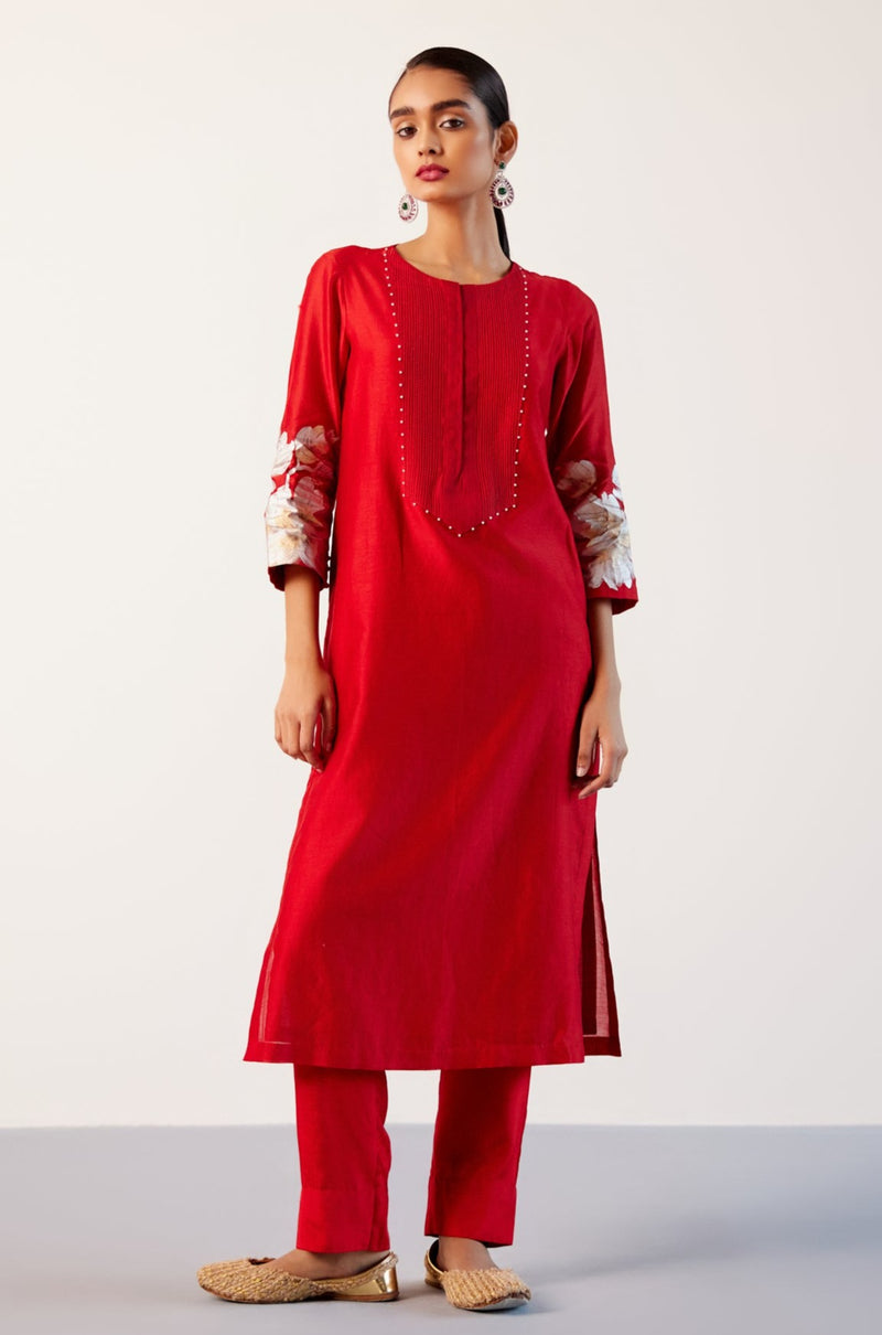 Red Silk Chanderi Hand-Painted Kurta Set