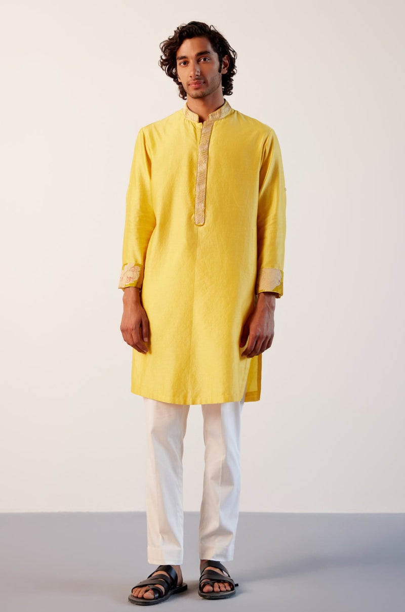 Bright Yellow Silk Chanderi Embroidered Kurta Set