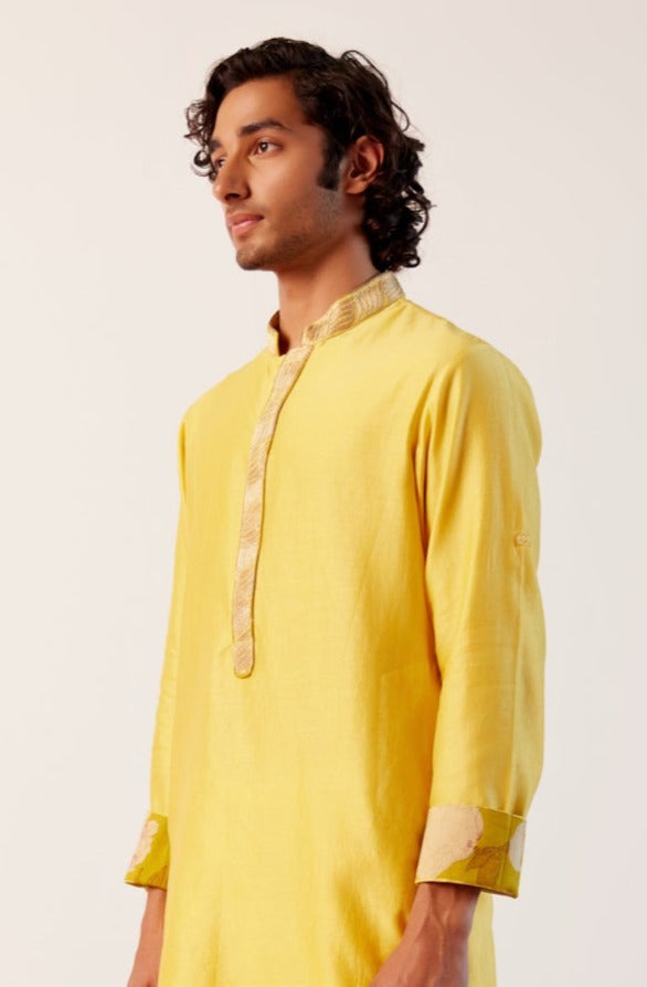 Bright Yellow Silk Chanderi Embroidered Kurta Set