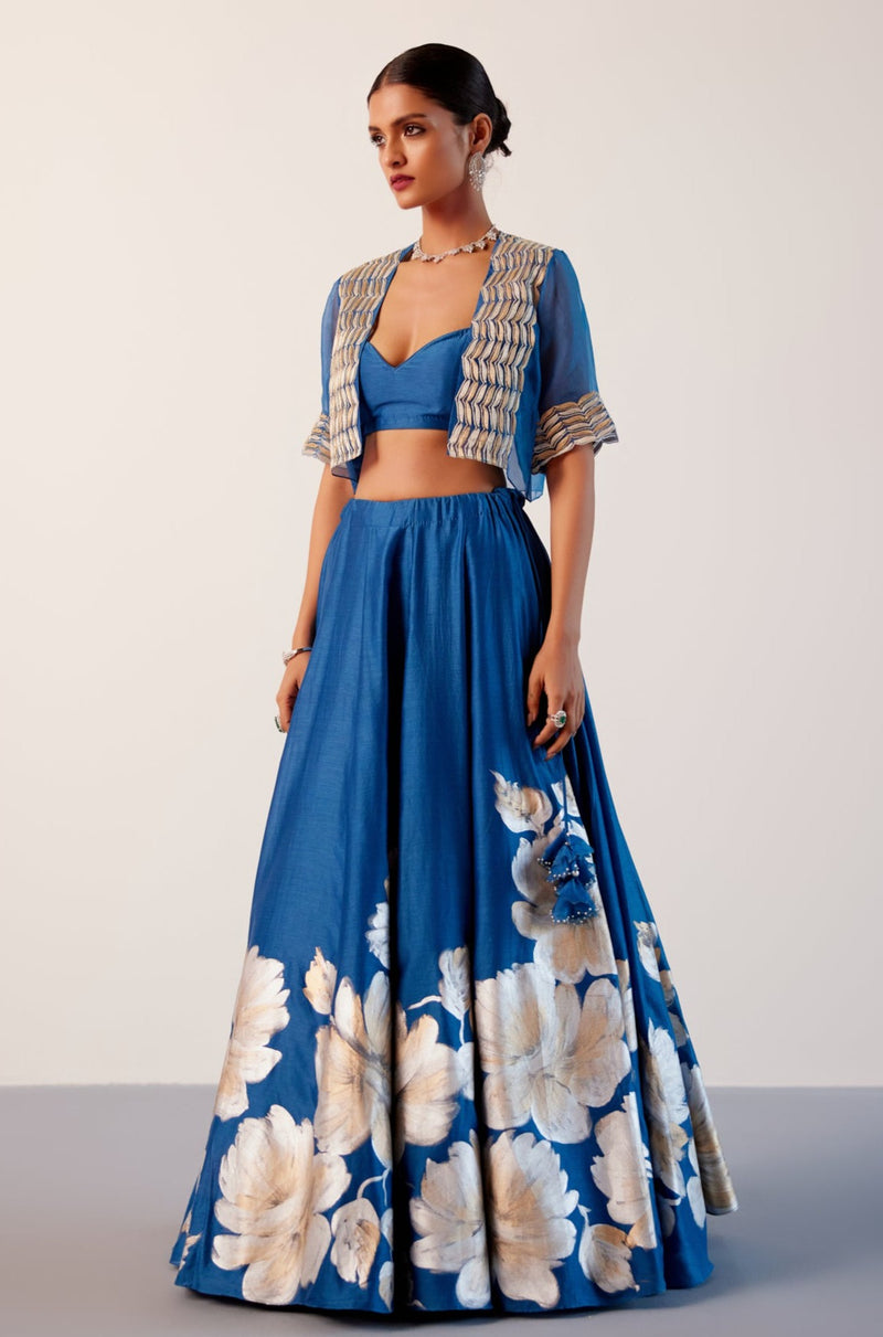 Royal Blue Silk Chanderi Hand-Painted Lehenga and Short Jacket Set