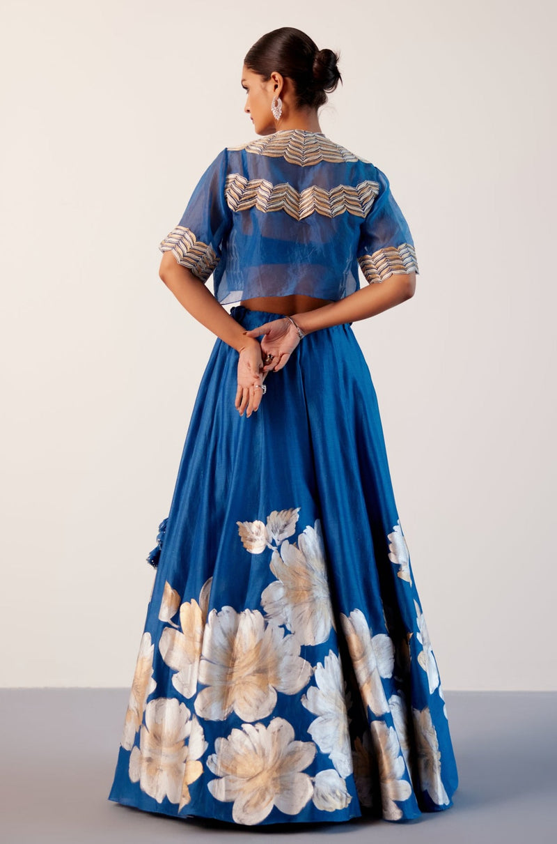 Royal Blue Silk Chanderi Hand-Painted Lehenga and Short Jacket Set