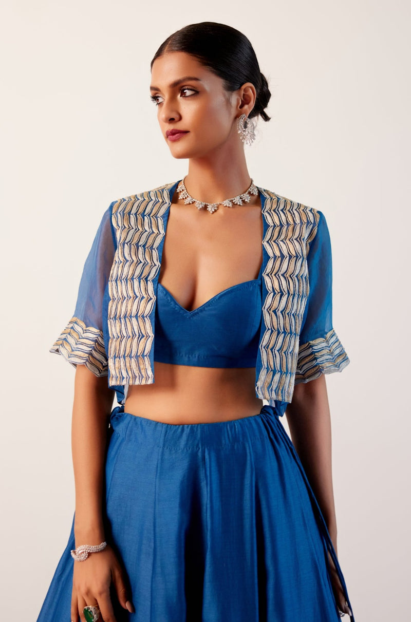 Royal Blue Silk Chanderi Hand-Painted Lehenga and Short Jacket Set