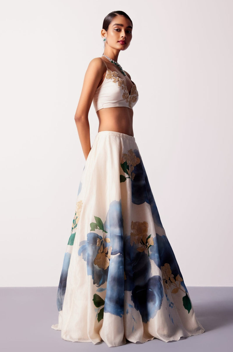 Cream and Blue Silk Chanderi Hand-Painted Embroidered Lehenga Set