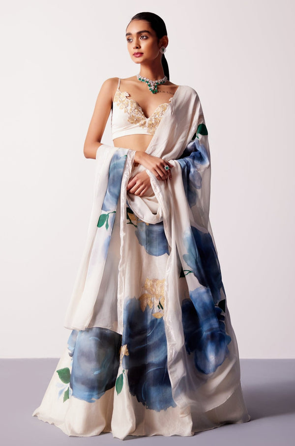 Cream and Blue Silk Chanderi Hand-Painted Embroidered Lehenga Set