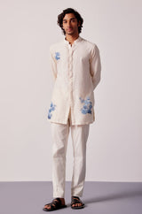 Ivory and Blue Woven Silk Chanderi Front Open Hand-Painted Kurta Set