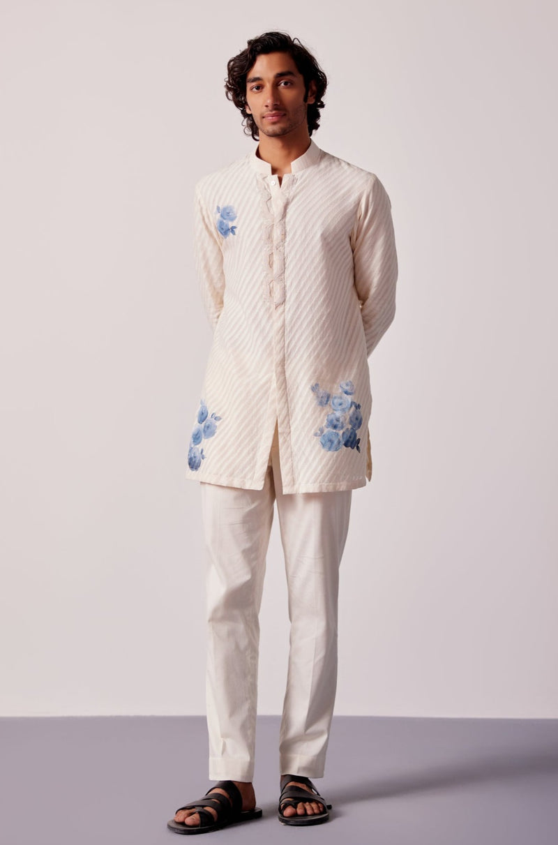 Ivory and Blue Woven Silk Chanderi Front Open Hand-Painted Kurta Set