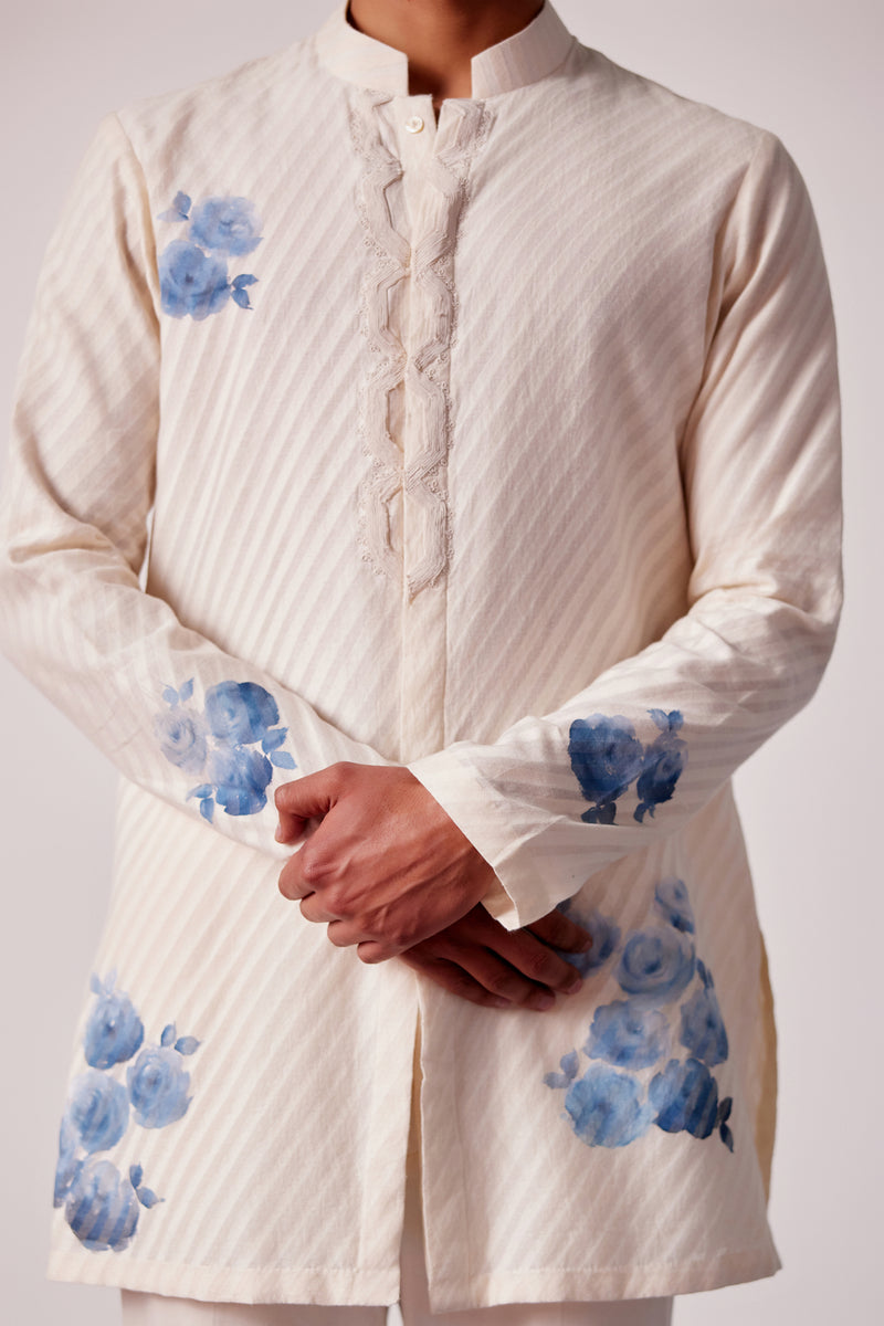 Ivory and Blue Woven Silk Chanderi Front Open Hand-Painted Kurta Set