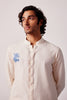 Ivory and Blue Woven Silk Chanderi Front Open Hand-Painted Kurta Set