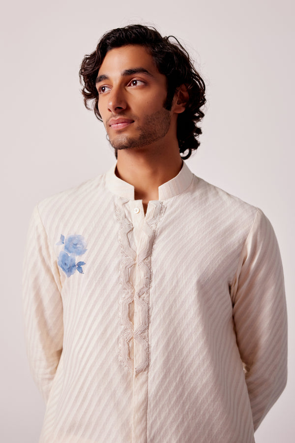 Ivory and Blue Woven Silk Chanderi Front Open Hand-Painted Kurta Set