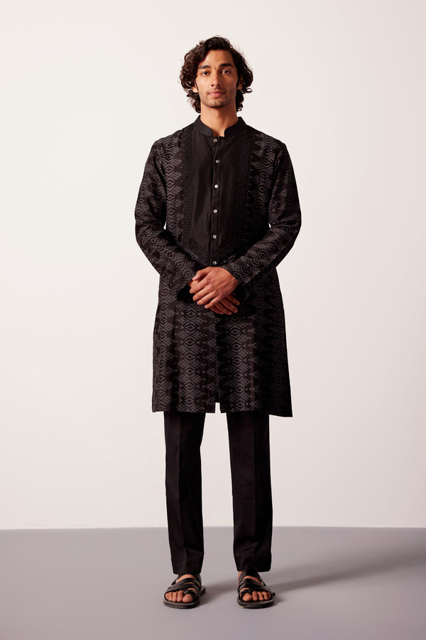 Black Ikat Print Chanderi Kurta Set