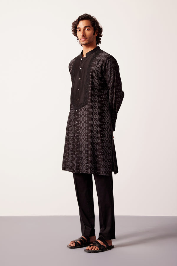 Black Ikat Print Chanderi Kurta Set