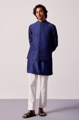 Royal Blue Silk Chanderi Kurta and Embroidered Bundi Set