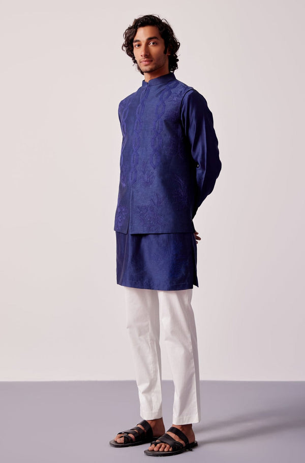 Fardeen F Khan in Navy Blue Silk Chanderi Kurta and Embroidered Bundi Set