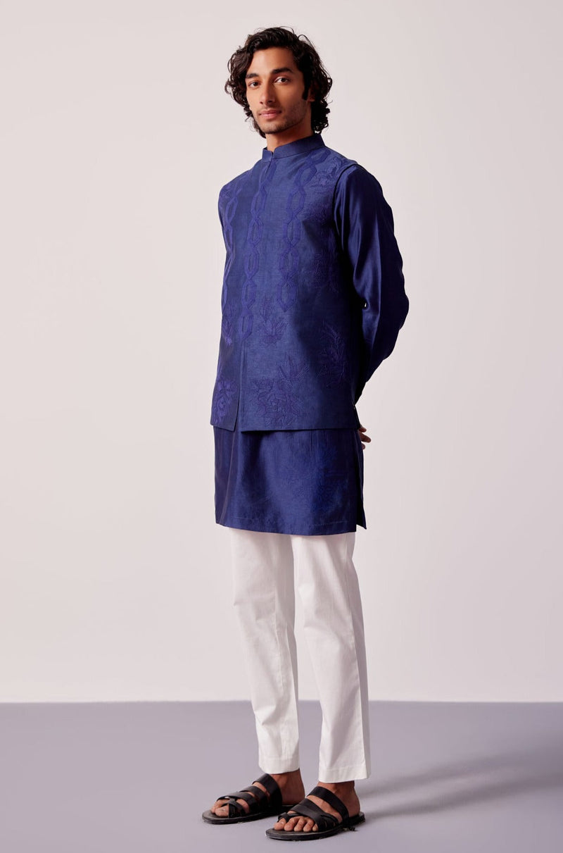 Fardeen F Khan in Royal Blue Silk Chanderi Kurta and Embroidered Bundi Set