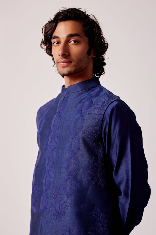 Fardeen F Khan in Navy Blue Silk Chanderi Kurta and Embroidered Bundi Set