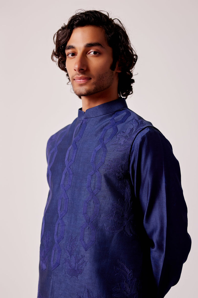 Fardeen F Khan in Royal Blue Silk Chanderi Kurta and Embroidered Bundi Set