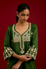 Green Cotton Satin Embroidered Kurta Set
