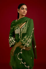 Green Cotton Satin Embroidered Kurta Set