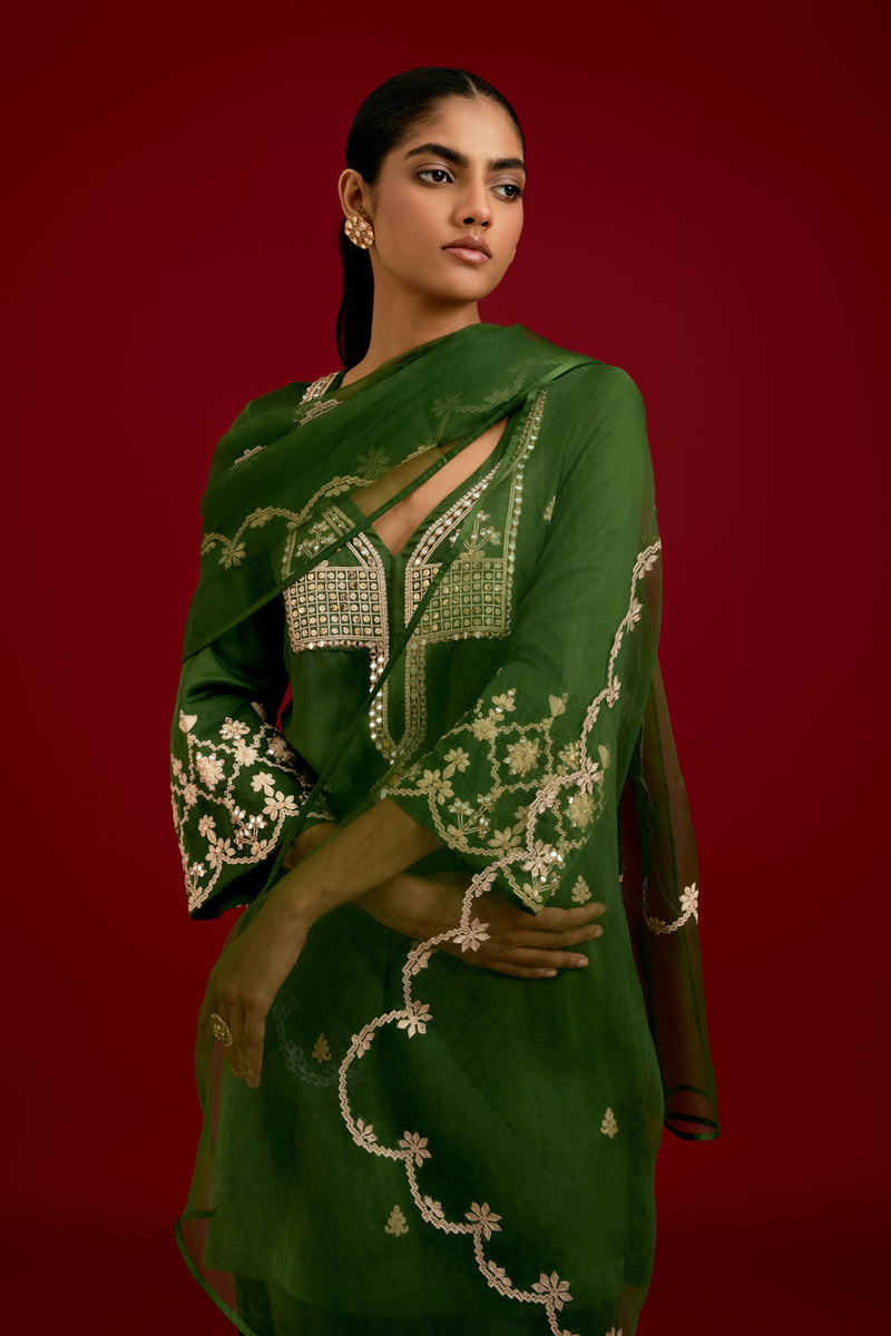 Green Cotton Satin Embroidered Kurta Set