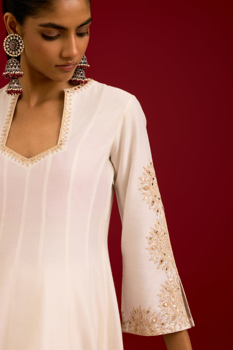 Ivory Cotton Silk Blend Embroidered Anarkali Set