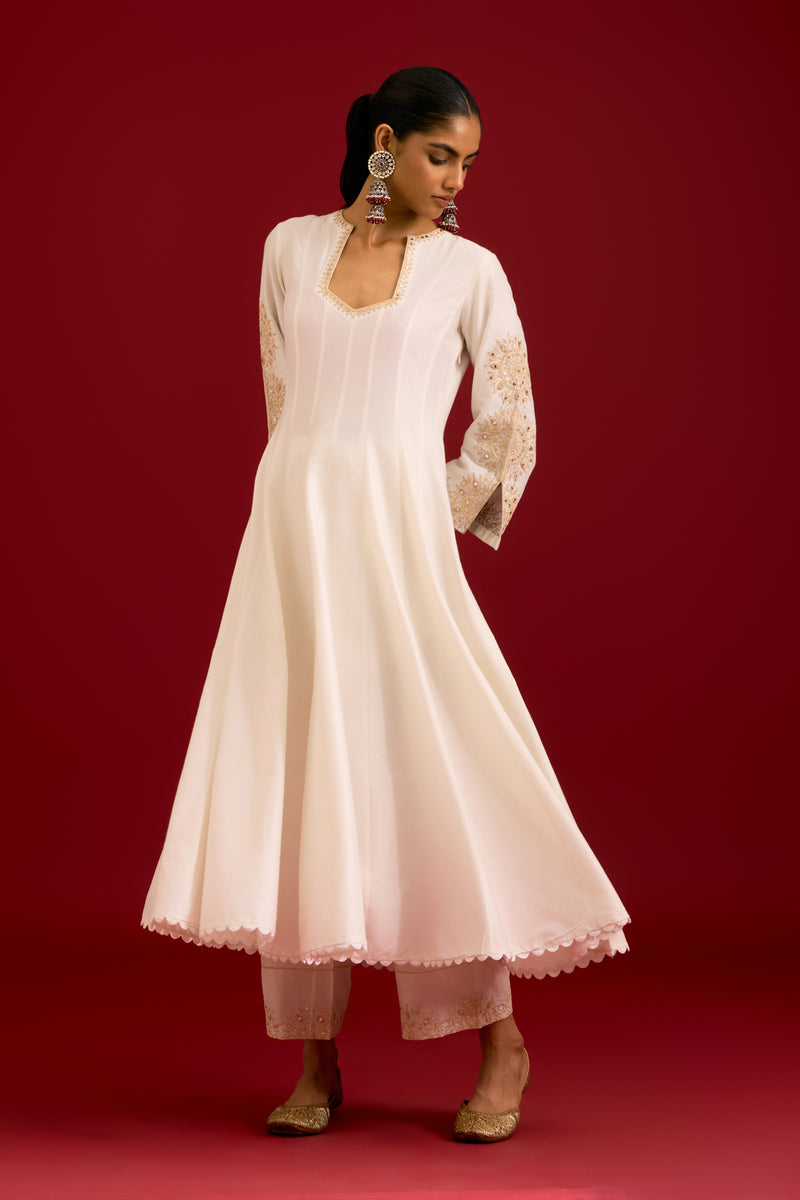 Ivory Cotton Silk Blend Embroidered Anarkali Set