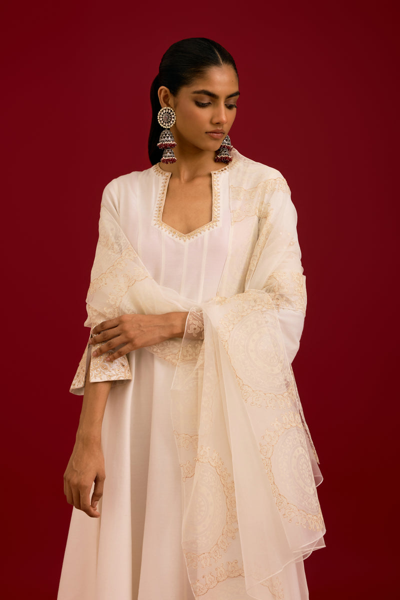 Ivory Cotton Silk Blend Embroidered Anarkali Set