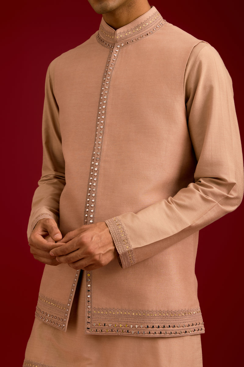 Beige Linen Satin Cotton Silk Blend embroidered  Bundi Set