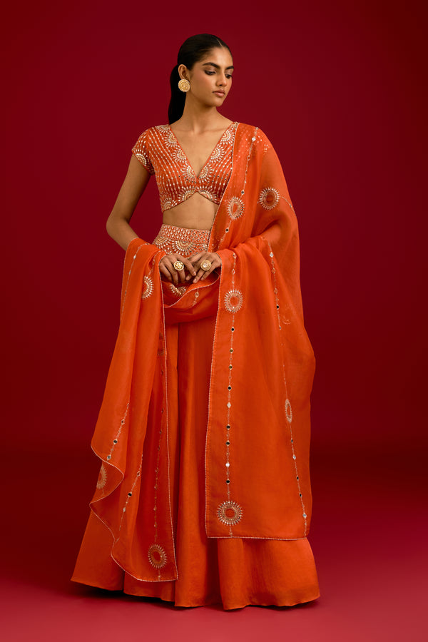 Orange Embroidered Gajji & Cotton Silk Lehenga Set