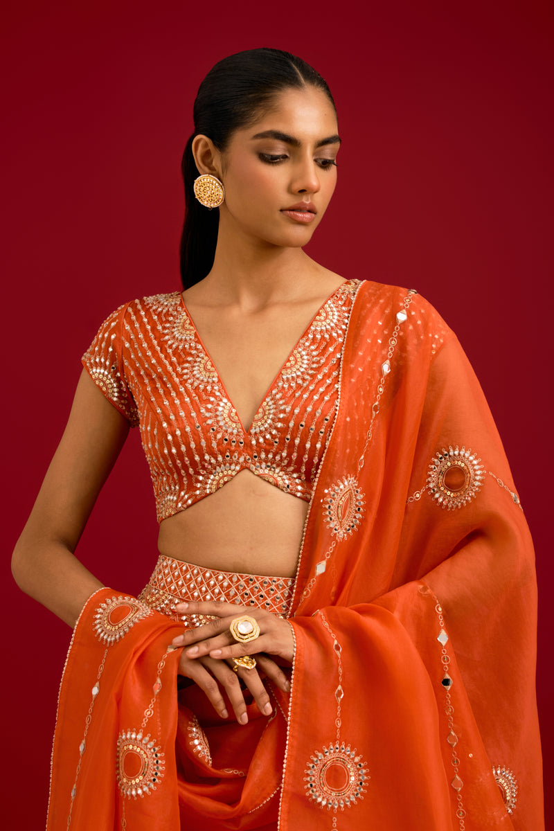 Orange Embroidered Gajji & Cotton Silk Lehenga Set