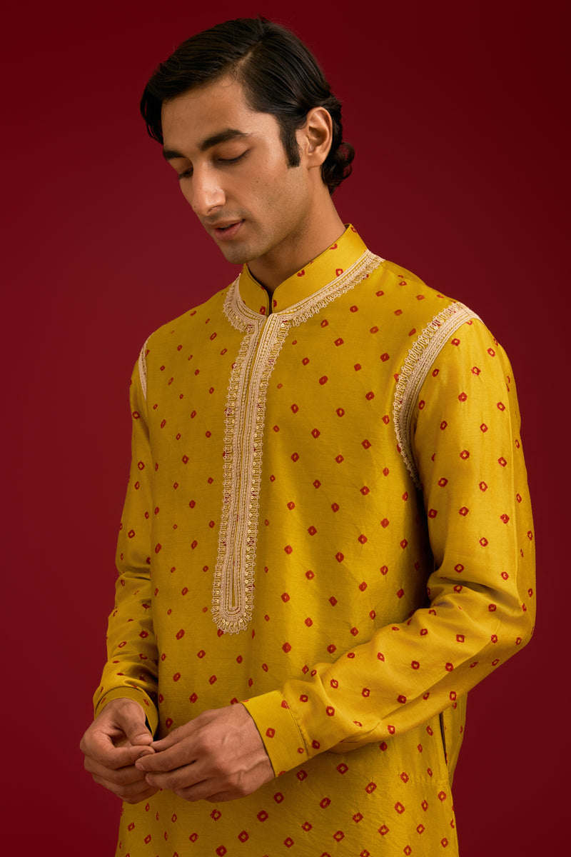 Mustard Bandhej Embroidered Kurta set