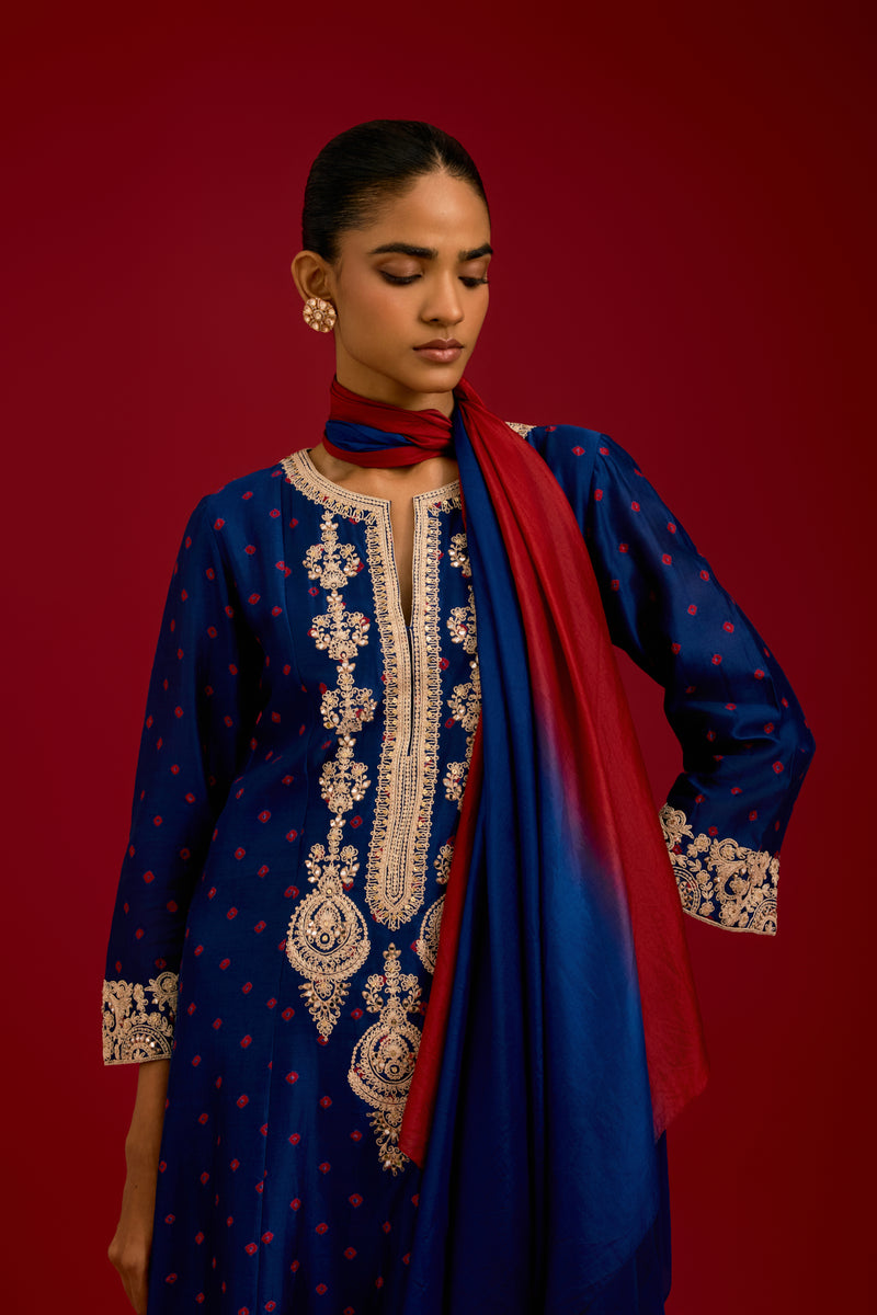 Navy Bhandhej Embroidered Kurta Set