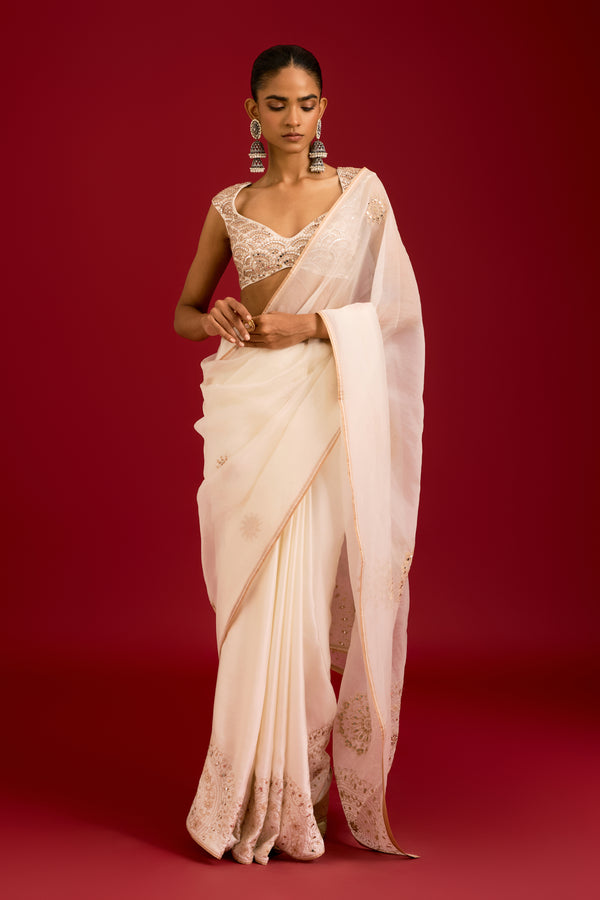 Ivory Embroidered Modal Satin Saree Set