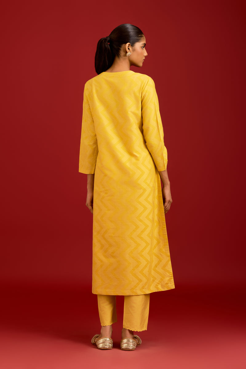 Mustard Cotton Silk Blend Block Printed Kurta Set