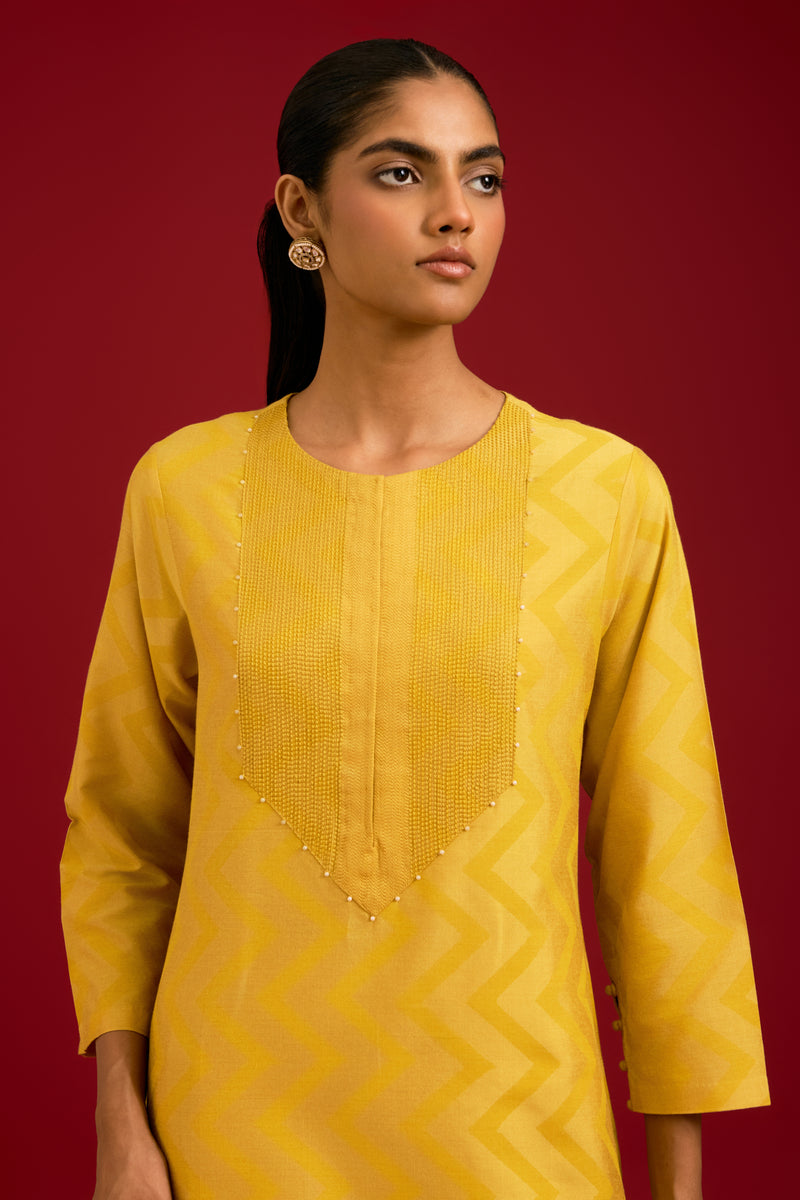 Mustard Cotton Silk Blend Block Printed Kurta Set