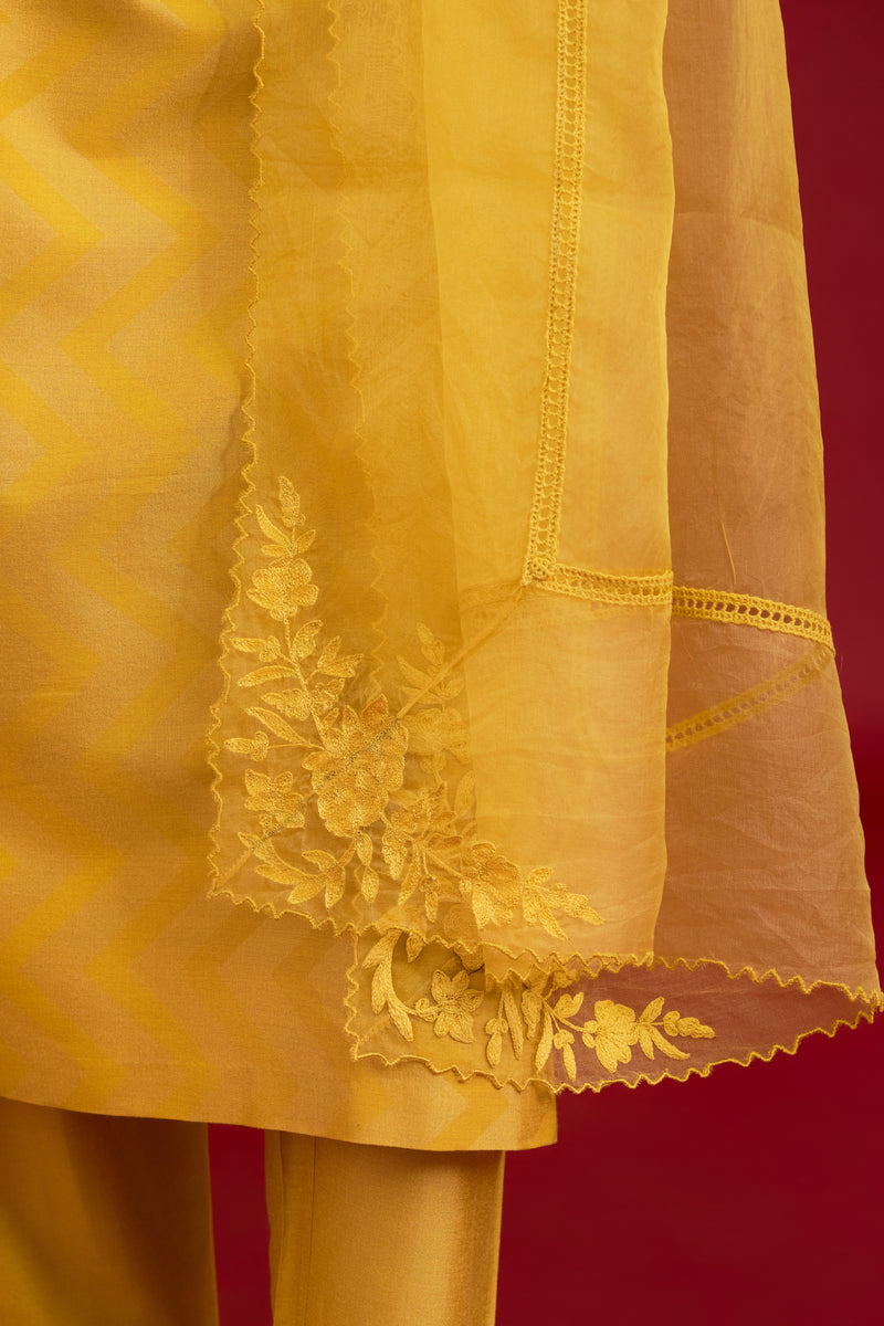 Mustard Cotton Silk Blend Block Printed Kurta Set