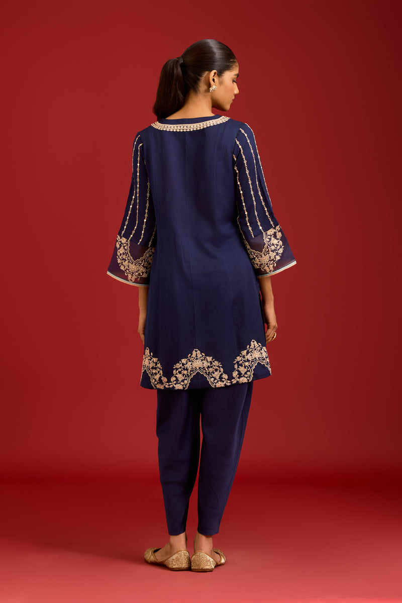 Navy Blue Cotton Silk Satin Embroidered Kurta Set