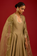 Olive Green Cotton Silk Blend Embroidered Anarkali Set