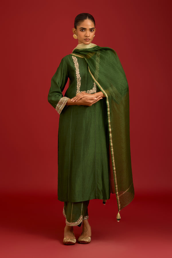 Green Chinniya Silk Embroidered Kurta Set