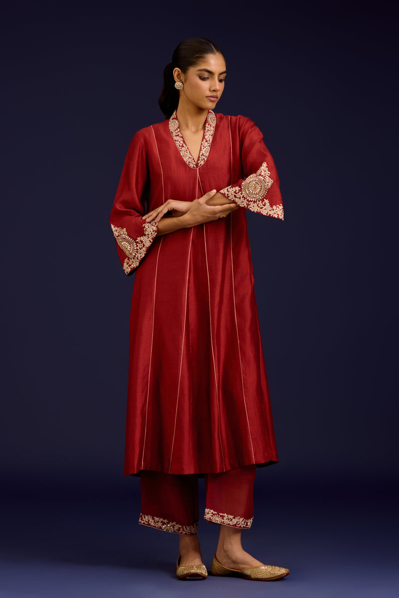 Rust Chinniya Silk Embroidered Kurta Set