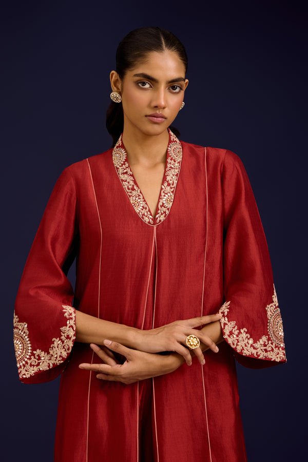 Rust Chinniya Silk Embroidered Kurta Set