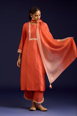Orange Chinniya Silk Embroidered Kurta Set