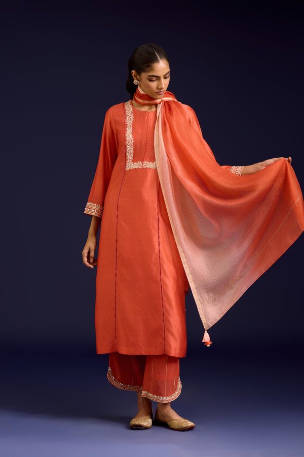 Orange Chinniya Silk Embroidered Kurta Set