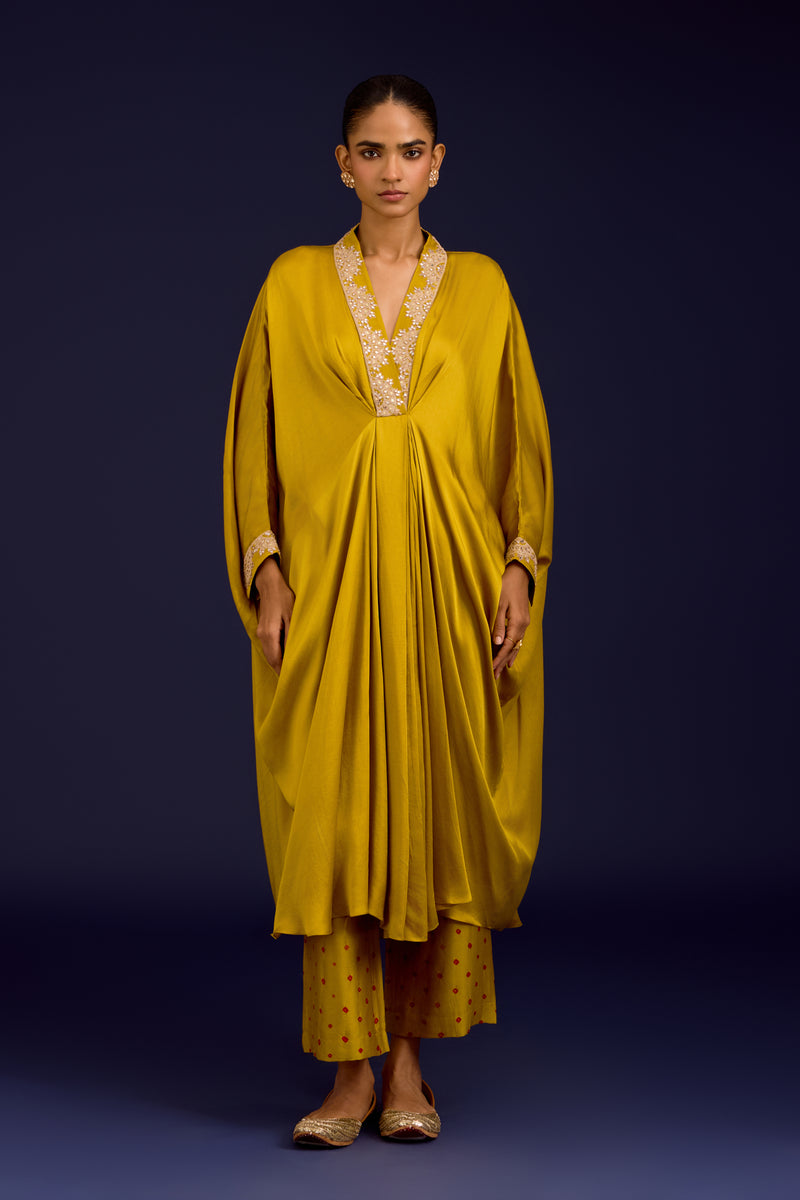 Mustard Modal Satin Embroidered Kaftan Set