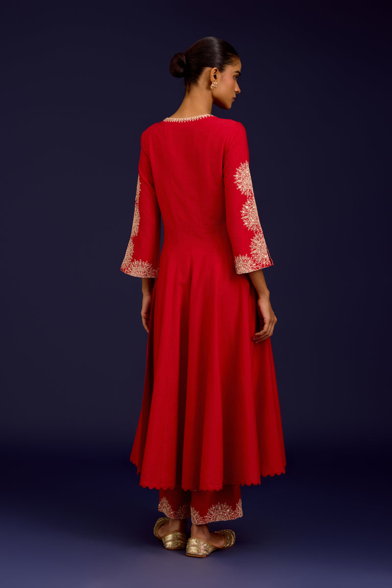 Red Cotton Silk Blend Embroidered Anarkali Set