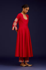 Red Cotton Silk Blend Embroidered Anarkali Set