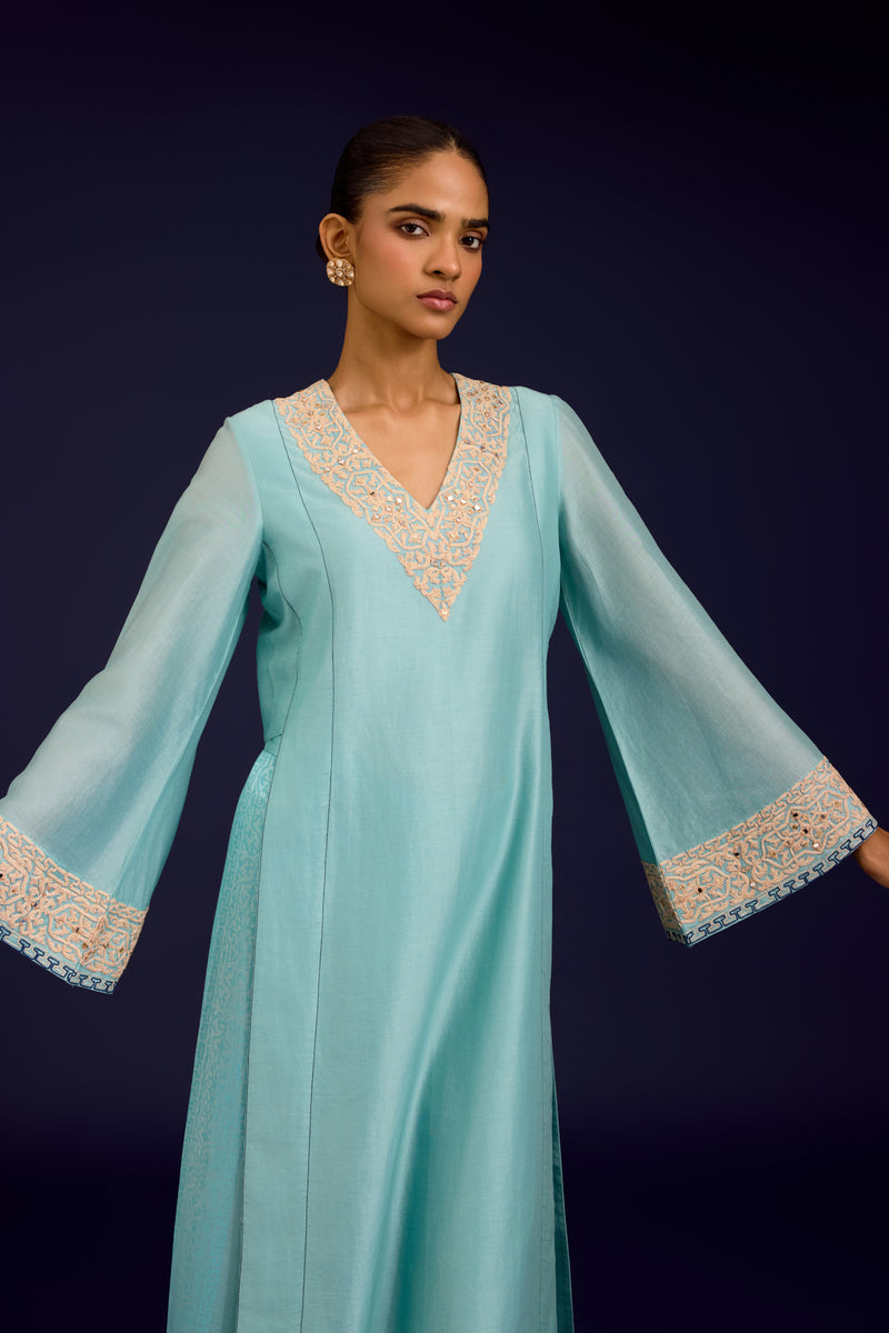 Aqua Blue Silk Chanderi Embroidered Kurta Set